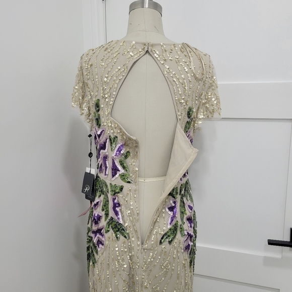 Adrianna Papell Floral Beaded Sweetheart Neck Cap Sleeves Shealth Long Gown 12 - Picture 9 of 16